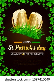 St. Patrick's day advertising print banner. Template for poster, card, desktop design. Printable composition with holiday attributes.