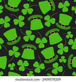 St. Patrick's Day. Amazing seamless vector pattern of green leprechaun hats and shamrocks. Lucky clover. Design elements for an Irish party.