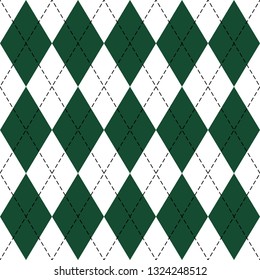 St. Patricks day Argyle plaid. Scottish pattern in green and white rhombuses. Scottish cage. Traditional Scottish background of diamonds. Seamless fabric texture. Vector illustration