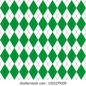 St. Patricks day Argyle plaid. Scottish pattern in green and white rhombuses. Scottish cage. Traditional Scottish background of diamonds. Seamless fabric texture. Vector illustration