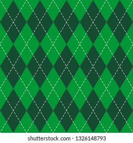 St. Patricks day Argyle plaid. Scottish pattern in green and white rhombuses. Scottish cage. Traditional Scottish background of diamonds. Seamless fabric texture. Vector illustration