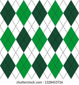 St. Patricks day Argyle plaid. Scottish pattern in green and white rhombuses. Scottish cage. Traditional Scottish background of diamonds. Seamless fabric texture. Vector illustration