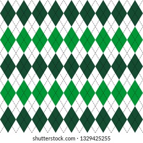 St. Patricks day Argyle plaid. Scottish pattern in green and white rhombuses. Scottish cage. Traditional Scottish background of diamonds. Seamless fabric texture. Vector illustration