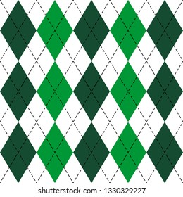St. Patricks day Argyle plaid. Scottish pattern in green and white rhombuses. Scottish cage. Traditional Scottish background of diamonds. Seamless fabric texture. Vector illustration