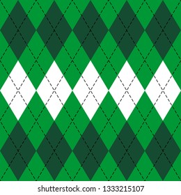 St. Patricks day Argyle plaid. Scottish pattern in green and white rhombuses. Scottish cage. Traditional Scottish background of diamonds. Seamless fabric texture. Vector illustration