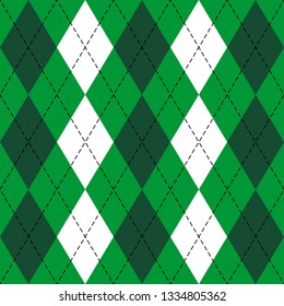 St. Patricks day Argyle plaid. Scottish pattern in green and white rhombuses. Scottish cage. Traditional Scottish background of diamonds. Seamless fabric texture. Vector illustration