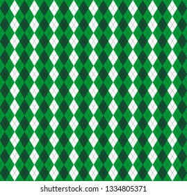 St. Patricks day Argyle plaid. Scottish pattern in green and white rhombuses. Scottish cage. Traditional Scottish background of diamonds. Seamless fabric texture. Vector illustration