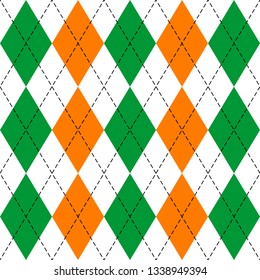 St. Patricks day Argyle plaid. Scottish pattern in green, orange and white rhombuses. Scottish cage. Traditional Scottish background of diamonds. Seamless fabric texture. Vector illustration