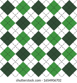 St. Patricks day Argyle plaid. Scottish pattern in green and white rhombuses. Scottish cage. Traditional Scottish background of diamonds. Seamless fabric texture. Vector illustration