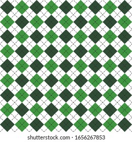 St. Patricks day Argyle plaid. Scottish pattern in green and white rhombuses. Scottish cage. Traditional Scottish background of diamonds. Seamless fabric texture. Vector illustration