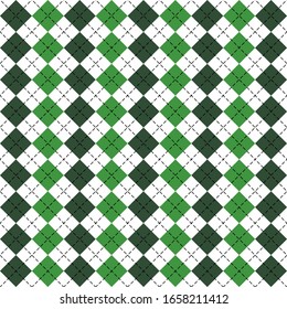 St. Patricks day Argyle plaid. Scottish pattern in green and white rhombuses. Scottish cage. Traditional Scottish background of diamonds. Seamless fabric texture. Vector illustration