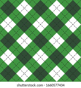 St. Patricks day Argyle plaid. Scottish pattern in green and white rhombuses. Scottish cage. Traditional Scottish background of diamonds. Seamless fabric texture. Vector illustration