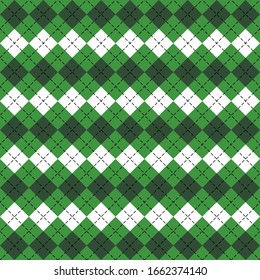 St. Patricks day Argyle plaid. Scottish pattern in green and white rhombuses. Scottish cage. Traditional Scottish background of diamonds. Seamless fabric texture. Vector illustration