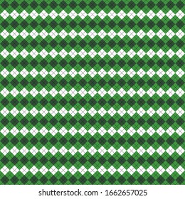St. Patricks day Argyle plaid. Scottish pattern in green and white rhombuses. Scottish cage. Traditional Scottish background of diamonds. Seamless fabric texture. Vector illustration