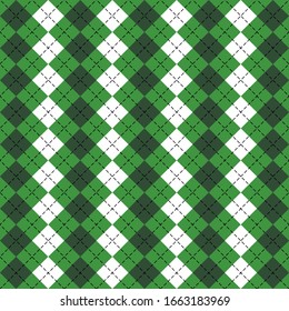 St. Patricks day Argyle plaid. Scottish pattern in green and white rhombuses. Scottish cage. Traditional Scottish background of diamonds. Seamless fabric texture. Vector illustration