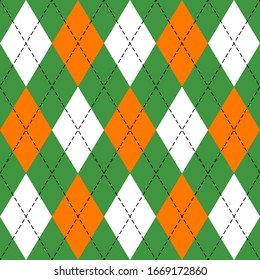 St. Patricks day Argyle plaid. Scottish pattern in green, orange and white rhombuses. Scottish cage. Traditional Scottish background of diamonds. Seamless fabric texture. Vector illustration