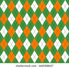 St. Patricks day Argyle plaid. Scottish pattern in green, orange and white rhombuses. Scottish cage. Traditional Scottish background of diamonds. Seamless fabric texture. Vector illustration