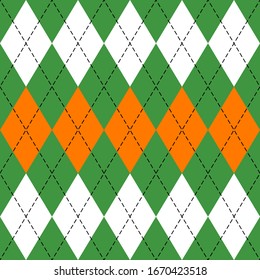 St. Patricks Day Argyle Plaid. Scottish Pattern In Green, Orange And White Rhombuses. Scottish Cage. Traditional Scottish Background Of Diamonds. Seamless Fabric Texture. Vector Illustration