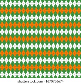 St. Patricks day Argyle plaid. Scottish pattern in green, orange and white rhombuses. Scottish cage. Traditional Scottish background of diamonds. Seamless fabric texture. Vector illustration