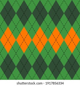 El día de San Patricio Argyle. Patrón escocés en rombos verde, naranja y blanco. Jaula escocesa. Antecedentes tradicionales escoceses de diamantes. Textura de tela sin fisuras. Ilustración del vector
