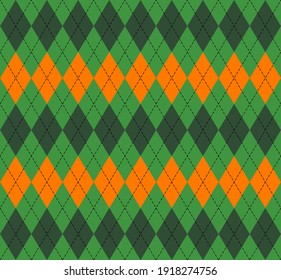 St. Patricks day Argyle plaid. Scottish pattern in green, orange and white rhombuses. Scottish cage. Traditional Scottish background of diamonds. Seamless fabric texture. Vector illustration