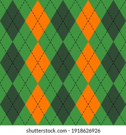 St. Patricks day Argyle plaid. Scottish pattern in green, orange and white rhombuses. Scottish cage. Traditional Scottish background of diamonds. Seamless fabric texture. Vector illustration