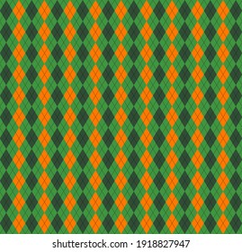 St. Patricks day Argyle plaid. Scottish pattern in green, orange and white rhombuses. Scottish cage. Traditional Scottish background of diamonds. Seamless fabric texture. Vector illustration