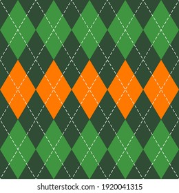 St. Patricks day Argyle plaid. Scottish pattern in green, orange and white rhombuses. Scottish cage. Traditional Scottish background of diamonds. Seamless fabric texture. Vector illustration