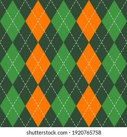 El día de San Patricio Argyle. Patrón escocés en rombos verde, naranja y blanco. Jaula escocesa. Antecedentes tradicionales escoceses de diamantes. Textura de tela sin fisuras. Ilustración del vector