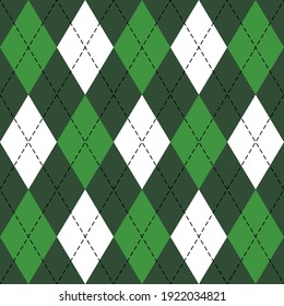 St. Patricks day Argyle plaid. Scottish pattern in green, black and white rhombuses. Scottish cage. Traditional Scottish background of diamonds. Seamless fabric texture. Vector illustration