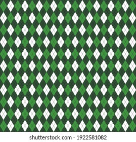 St. Patricks day Argyle plaid. Scottish pattern in green, black and white rhombuses. Scottish cage. Traditional Scottish background of diamonds. Seamless fabric texture. Vector illustration