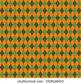 St. Patricks day Argyle plaid. Scottish pattern in green, black and orange rhombuses. Scottish cage. Traditional Scottish background of diamonds. Seamless fabric texture. Vector illustration