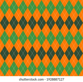 St. Patricks day Argyle plaid. Scottish pattern in green, black and orange rhombuses. Scottish cage. Traditional Scottish background of diamonds. Seamless fabric texture. Vector illustration