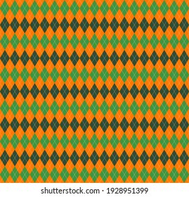 St. Patricks day Argyle plaid. Scottish pattern in green, black and orange rhombuses. Scottish cage. Traditional Scottish background of diamonds. Seamless fabric texture. Vector illustration