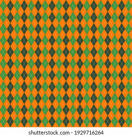 St. Patricks day Argyle plaid. Scottish pattern in green, black and orange rhombuses. Scottish cage. Traditional Scottish background of diamonds. Seamless fabric texture. Vector illustration