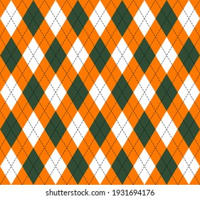 El día de San Patricio Argyle. Patrón escocés en rombos verde, negro y naranja. Jaula escocesa. Antecedentes tradicionales escoceses de diamantes. Textura de tela sin fisuras. Ilustración del vector