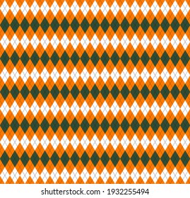 St. Patricks day Argyle plaid. Scottish pattern in green, black and orange rhombuses. Scottish cage. Traditional Scottish background of diamonds. Seamless fabric texture. Vector illustration