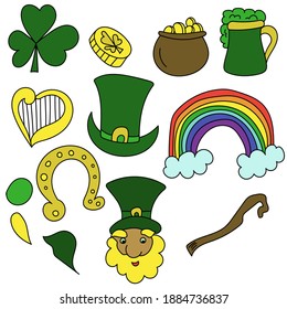St Patrick's day attributes doodles set, green drawings with symbols of good luck, coloring page from simple elements vector illustration