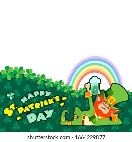 St. Patrick's Day backdrop. Illustration of a funny lying leprechaun with a pint of green beer in his hand on background of clover leaves. Blank space for your text included. Vector 8 EPS.