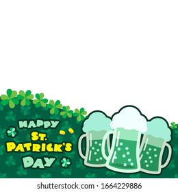 St. Patrick's Day backdrop. Illustration of three pints of green beer on background of clover leaves. Blank space for your text included. Vector 8 EPS.