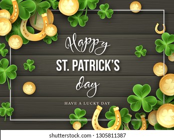 St. Patricks Day background. 3d realistic clover leaves, golden horseshoes and coins on wooden texture for greeting holiday design. Vector illustration.