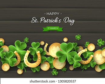 St. Patricks Day background. 3d realistic clover leaves, golden horseshoes and coins on wooden texture for greeting holiday design. Vector illustration.