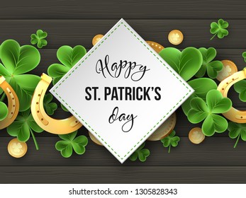 St. Patricks Day background. 3d realistic clover leaves, golden horseshoes and coins on wooden texture for greeting holiday design. Vector illustration.