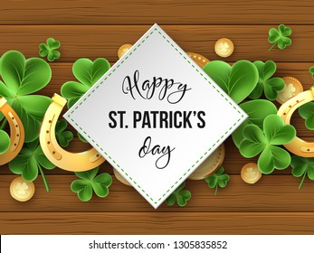 St. Patricks Day background. 3d realistic clover leaves, golden horseshoes and coins on wooden texture for greeting holiday design. Vector illustration.