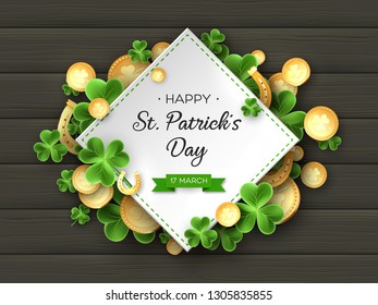 St. Patricks Day background. 3d realistic clover leaves, golden horseshoes and coins on wooden texture for greeting holiday design. Vector illustration.