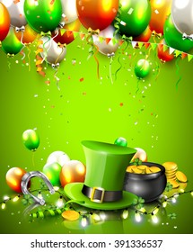 St. Patrick's Day background with balloons, hat and pot of gold on green background