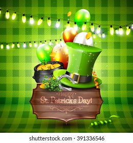 St. Patrick's Day background with balloons, hat, pot of gold and wooden sign
