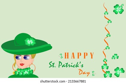 St patricks day background with beautiful fashion women,  stacked leaf application design, and copy space area 