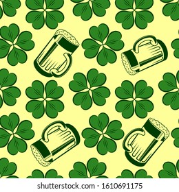 St. Patrick's day background with Beer mugs and Clover leafs. Seamless pattern. Vector illustration.