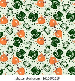 St. Patrick's day background with Beer mugs and Leprechaun. Seamless pattern. Vector illustration.